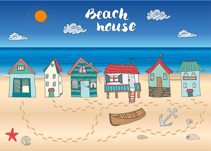 海滩小屋和平房，手绘轮廓彩色涂鸦，配有灯塔木船和锚，沙滩上的贝壳和脚步，矢量图