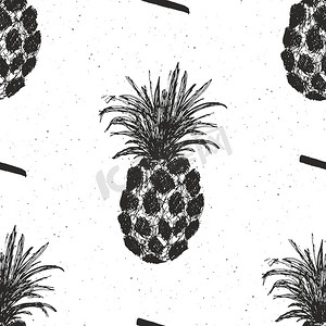 菠萝手绘无缝图案，水果背景矢量图。