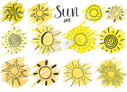 手绘的不同太阳集，在白色上孤立的素描矢量图