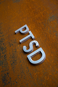 扁平字母摄影照片_PTSD 一词以倾斜的对角线视角放置在扁平生锈钢板背景上的银色金属字母