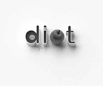 单词“di”、苹果和“t”的 3D 渲染
