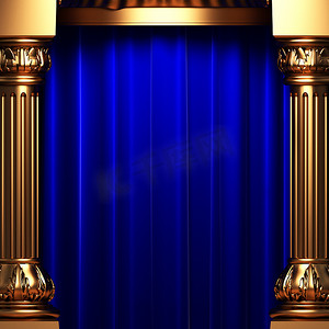 金色柱子后面的蓝色天鹅绒窗帘