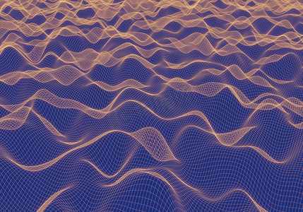 深蓝色背景中的 3D 渲染橙色线框波。