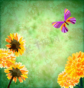 绿色背景与黄色的花朵和蝴蝶