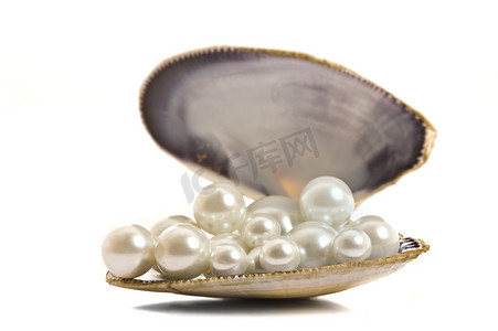 纯白色摄影照片_纯白色背景中贝壳中的美丽珍珠