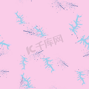 蓝色海珊瑚粉红色时尚无缝图案与手绘纹理背景。