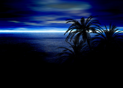 蓝色海景地平线与棕榈树剪影