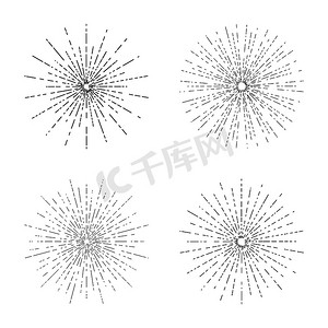 文案字体排版文案摄影照片_复古太阳爆发集，复古辐射太阳光线形状集合标志，标签或标志和排版装饰模板矢量插图隔离在白色背景。