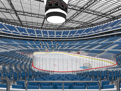 游戏配备摄影照片_美丽的冰球运动场，配备蓝色座椅和五万名球迷的贵宾包厢