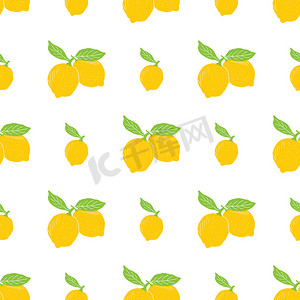 矢量图设计摄影照片_水果背景无缝模式与手绘素描柠檬矢量图