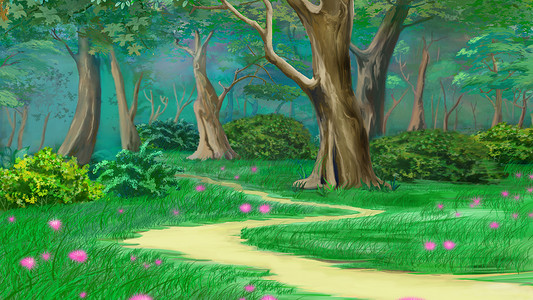 在童话绿色夏季森林中的小径
