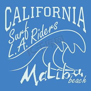 T 恤印刷设计，排版图形夏季矢量插图徽章贴花标签加州马里布海滩冲浪车手洛杉矶标志