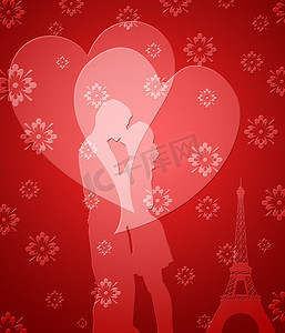 埃菲尔铁塔红色摄影照片_巴黎情人节快乐情侣