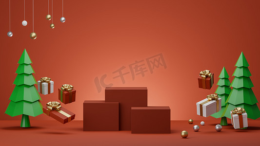 带讲台、礼盒和圣诞树的红色背景，供专业人士使用