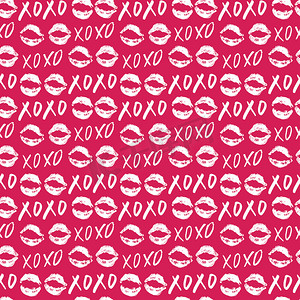 XOXO 毛笔字母标志无缝图案，Grunge 书法拥抱和亲吻短语，互联网俚语缩写 XOXO 符号，矢量图