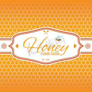 蜂蜜模板摄影照片_蜂窝彩色图案背景上带有蜜蜂和蜂蜜滴的蜂蜜标志产品的蜂蜜标签模板
