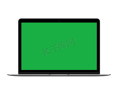带绿色屏幕的隔离空间灰色笔记本电脑模型