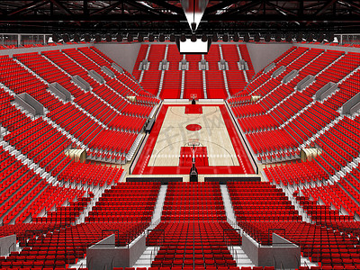 带红色座椅和 VIP 包厢的漂亮现代篮球场