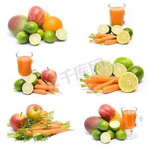 新鲜果汁、水果和蔬菜-拼贴画
