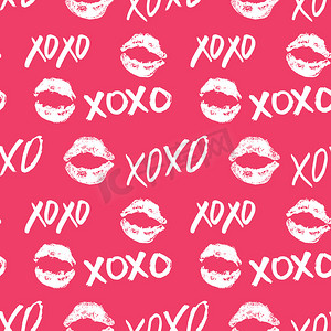 拥抱和亲吻摄影照片_XOXO 毛笔字母标志无缝图案，Grunge 书法拥抱和亲吻短语，互联网俚语缩写 XOXO 符号，在白色背景上隔离的矢量插图