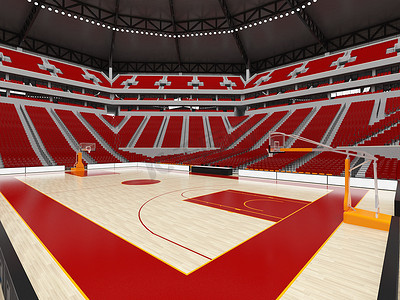 vip座椅摄影照片_美丽的篮球运动场，设有 VIP 包厢和两万名球迷的红色座椅