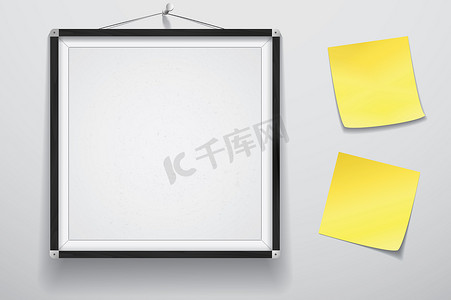 潮流贴纸套图摄影照片_模拟展示框招牌，墙上挂着两张黄色贴纸，白板木框