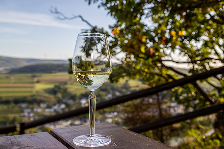 秋天丰收背景摄影照片_Glas 白葡萄酒和背景中的风景