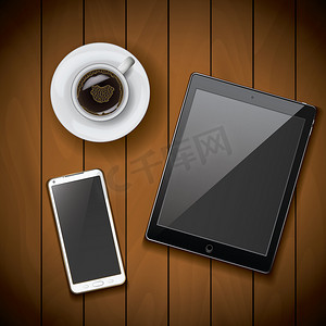 新的现实手机智能手机和平板电脑样机模板与木背景上的咖啡杯