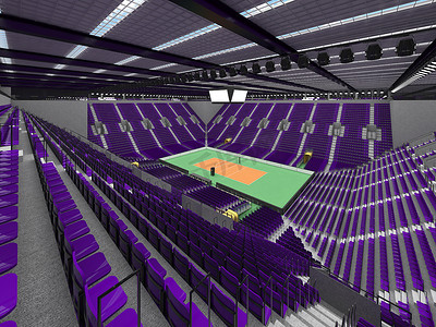会员卡vip摄影照片_带紫色座椅和 VIP 包厢的美丽现代排球运动场