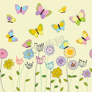 手绘蝴蝶花卉摄影照片_春天花卉背景与涂鸦花和蝴蝶