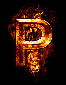 p，带有镀铬效果的字母插图和 b 上的红火