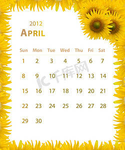 2012 年日历，4 月与向日葵框架设计