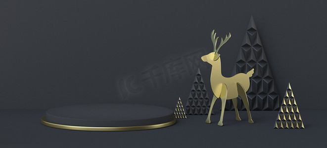 广告背景金色摄影照片_抽象背景驯鹿和三角圣诞树 3D