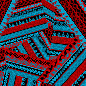 条纹拼接摄影照片_具有蓝色和红色几何图形的创意无缝拼接图案
