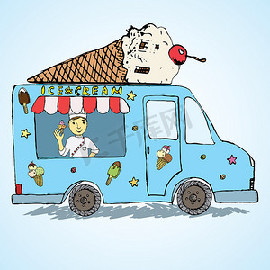 手绘素描冰淇淋卡车，彩色和嬉戏，上面有杨卖主和冰淇淋蛋筒