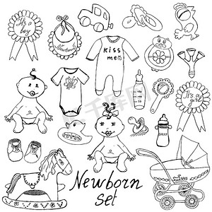 婴儿图标、玩具、衣服和摇篮，手绘草图矢量插图隔离