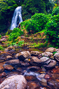 Parque Natural Da Ribeira Dos Caldeiroes，圣米格尔，亚速尔群岛，葡萄牙的瀑布。