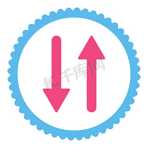 箭头交换垂直平面粉色和蓝色圆形邮票图标