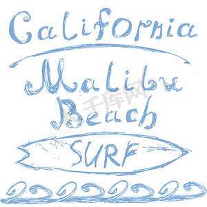 T 恤印刷设计，排版图形夏季矢量插图徽章贴花标签加州马里布海滩冲浪标志