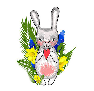 可爱小动物边框摄影照片_复活节兔子与春天的花朵。