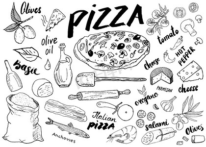 比萨菜单手绘素描集。