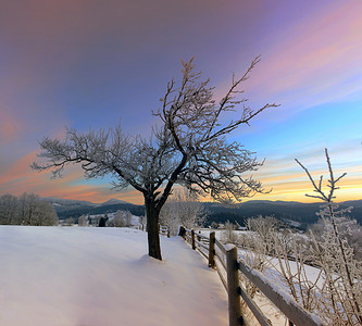 冬天山摄影照片_在冬天山的日出。
