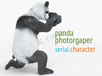 角色cg摄影照片_熊猫 animail 角色摄影师相机拍照隔离背景 3d cg 渲染插图