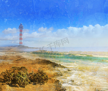 岩石岛上一座旧灯塔的日景，垃圾纹理