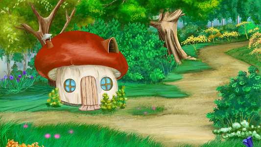 童话的背景摄影照片_夏季森林中的童话蘑菇屋