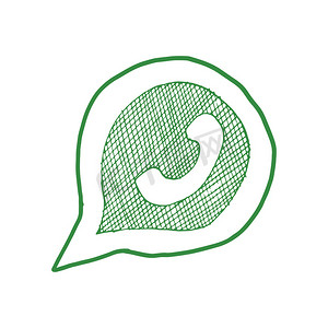 语音泡沫手绘图标中的绿色电话听筒，在白色背景上隔离的矢量插图。
