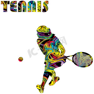 网球东方式摄影照片_带有女子网球运动员彩色轮廓的网球海报