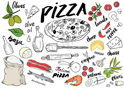 卡通宇宙手绘摄影照片_比萨菜单手绘素描集。