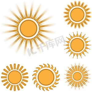 不同的太阳图标设置隔离在白色背景