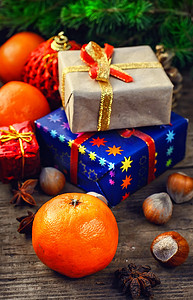 香橘摄影照片_圣诞礼物和节日的象征
